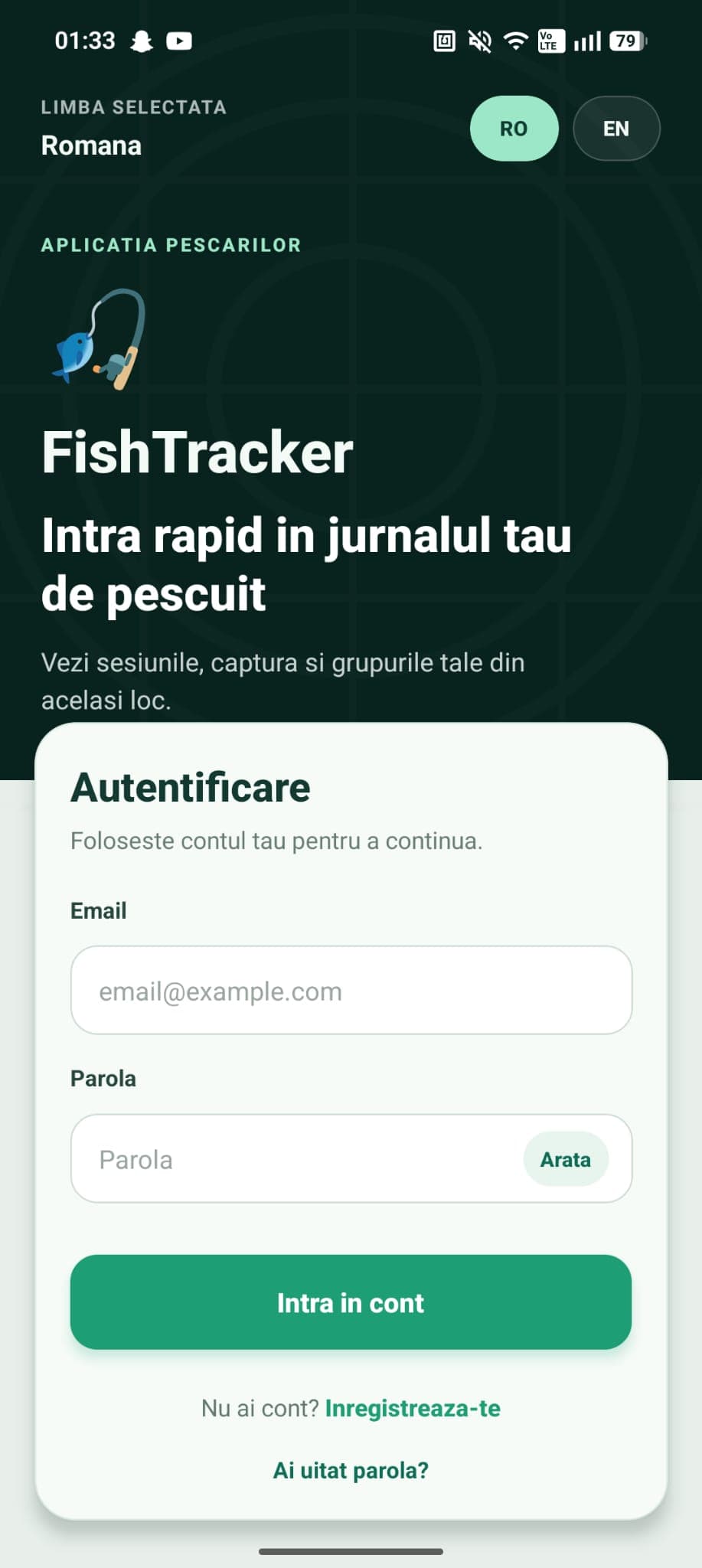 Ecranul de autentificare din FishTracker