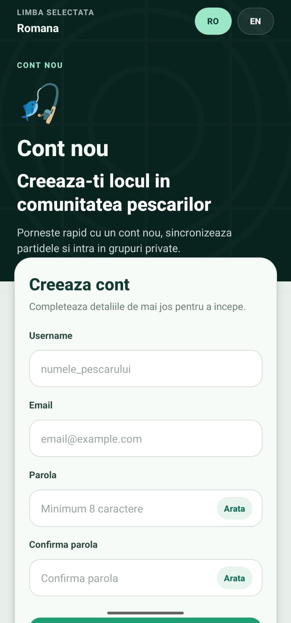 Ecranul de creare cont din FishTracker