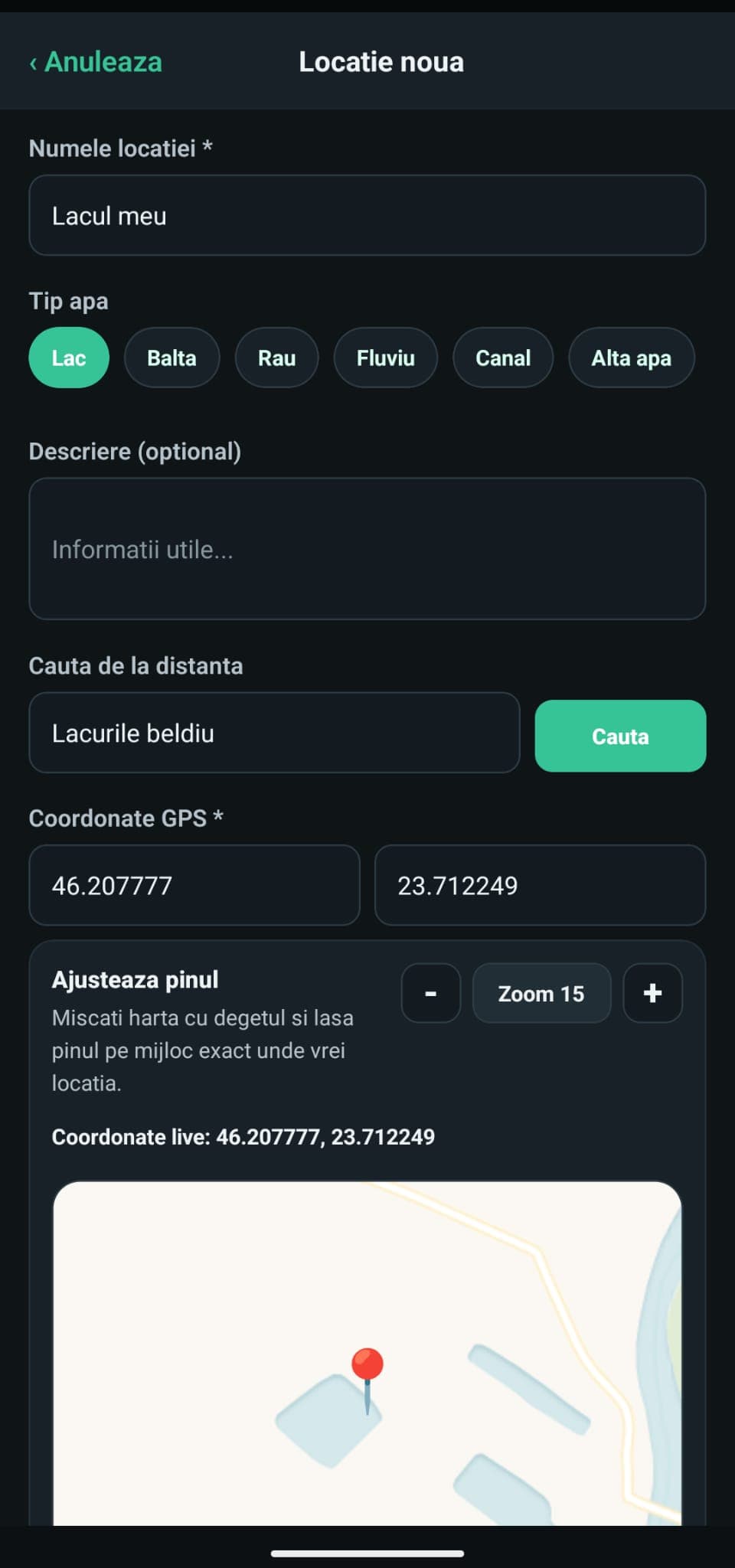 Ecranul pentru creare apa noua in FishTracker