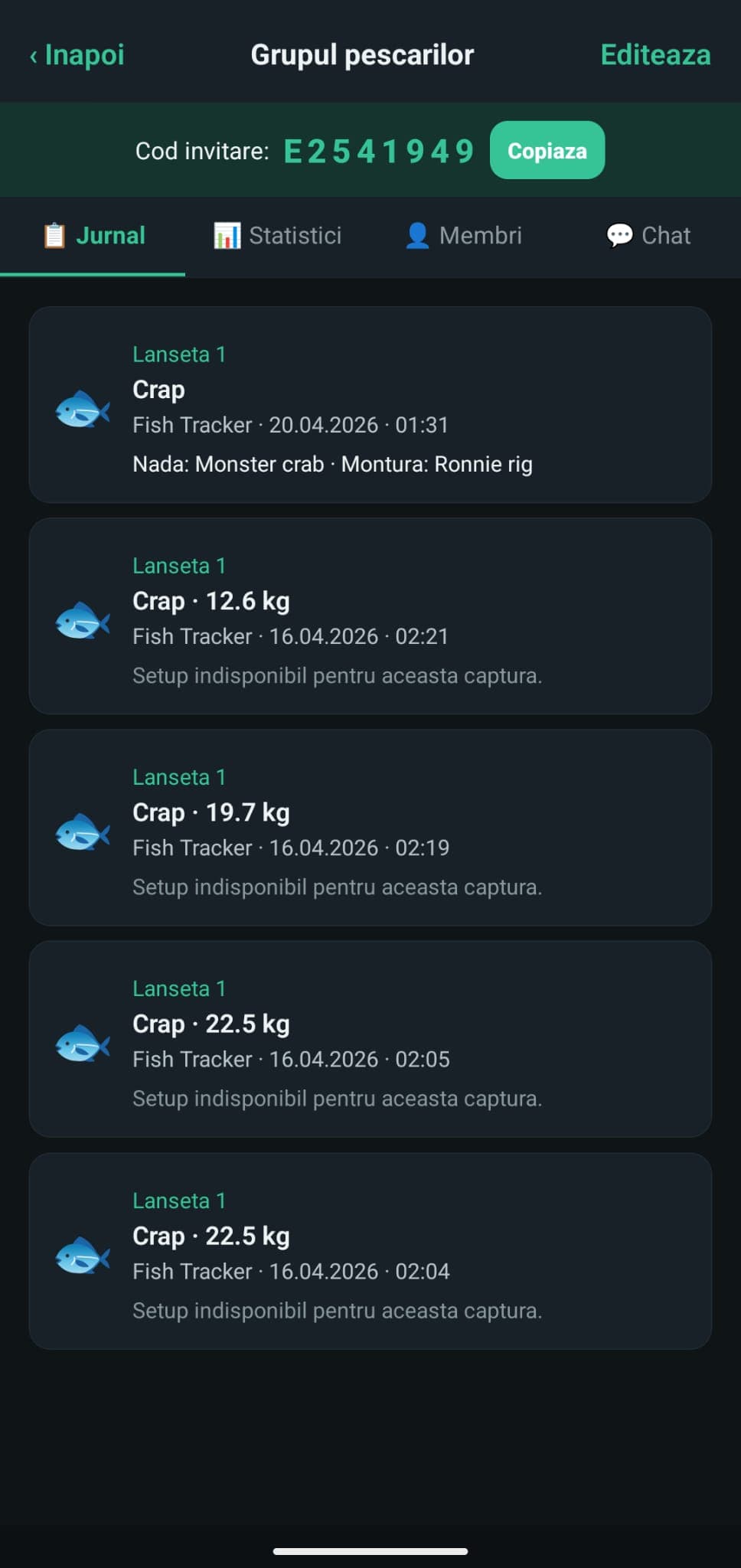 Ecranul de detalii pentru un grup privat din FishTracker