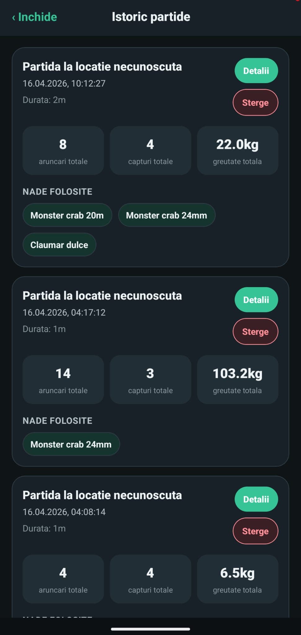 Ecranul de istoric partide din FishTracker