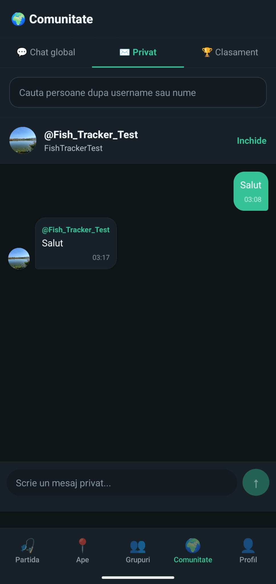Ecranul de mesaje private din FishTracker
