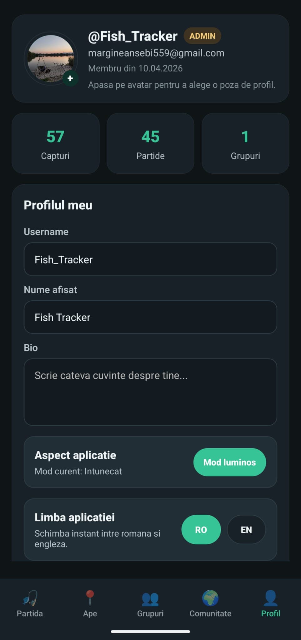 Ecranul FishTracker pentru profilul utilizatorului
